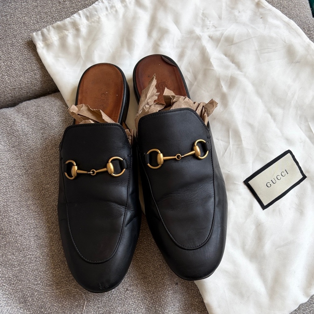 Authentic Gucci Black Leather Horsebit Backless Loafers with Gold Hardware